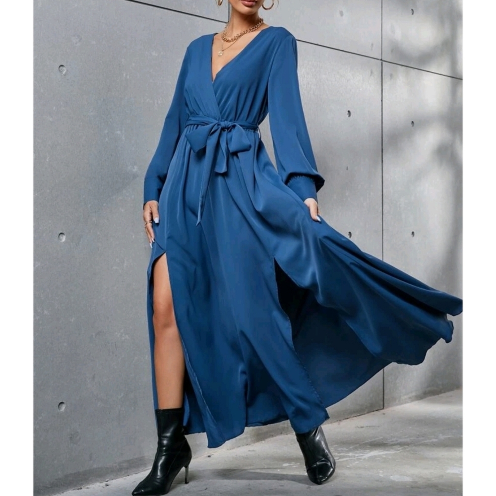 Split Thigh Bishop Sleeves Hight Waist Belted Maxi Dress